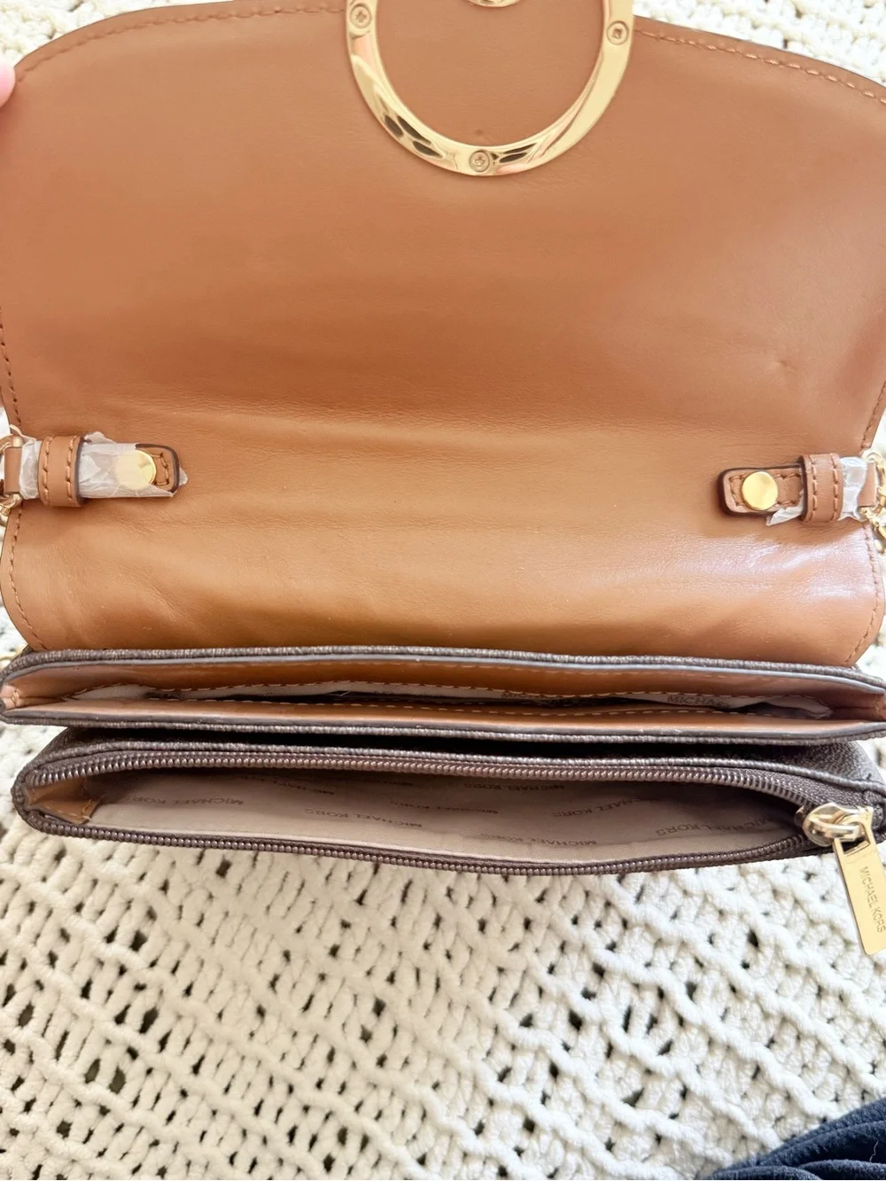 Michael Kors Fulton Brown Logo Crossbody with Gold MK Emblem and Chain